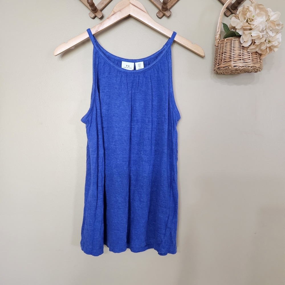 Halston 100% Linen Blue Tank Top Size Small Lightweight Summer Blouse